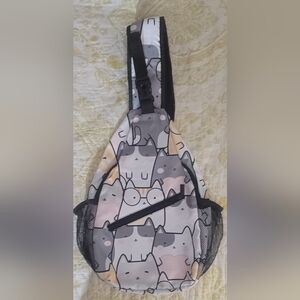 Cute Cat Print Sling Backpack in Gray and Pink